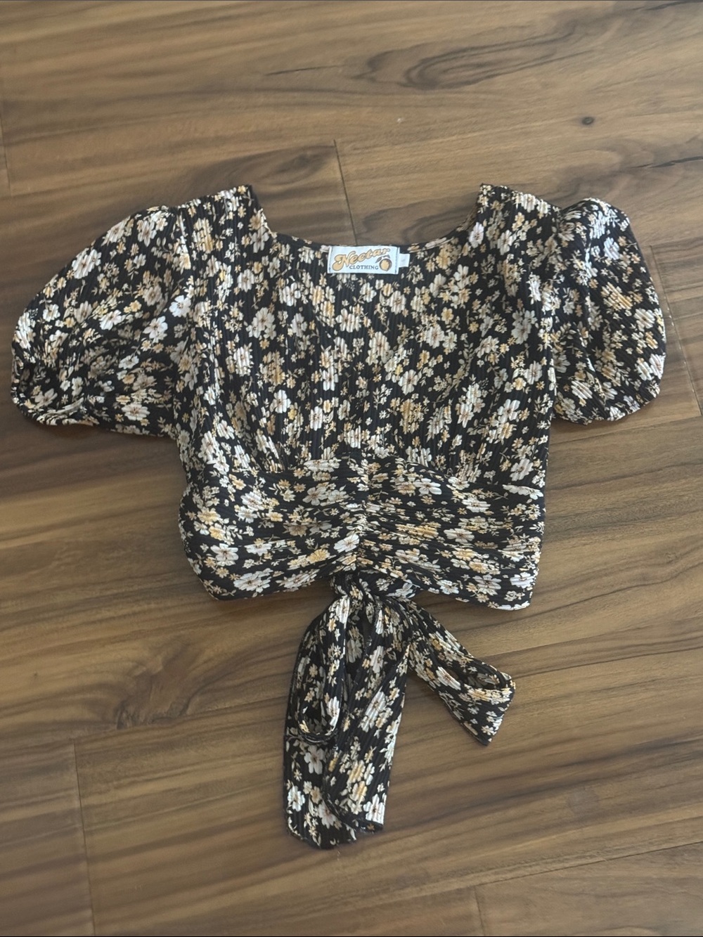 Floral Tie-Back Smocked Crop Top in Black